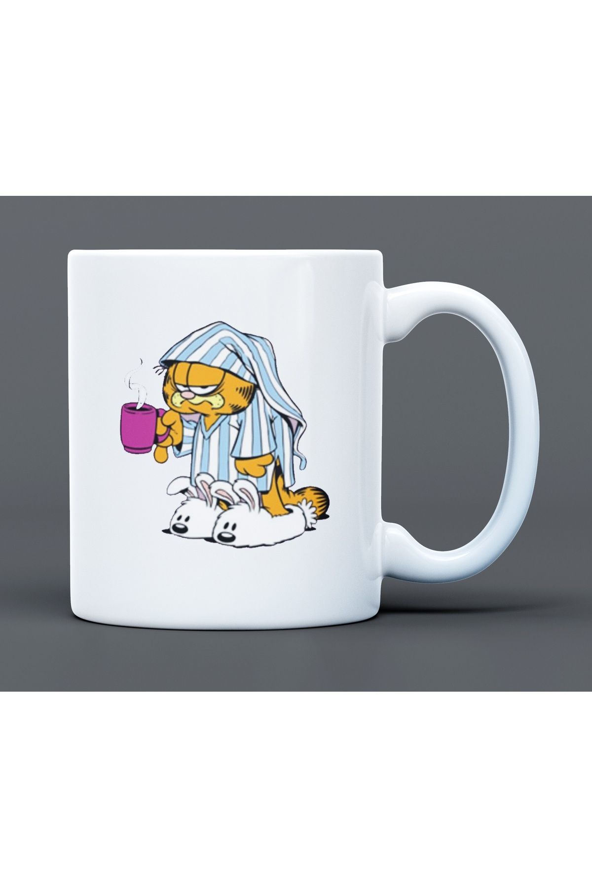 Garfield Uykulu ve Kahve Desenli Hediyelik Büyük Boy Porselen Kupa Bardak