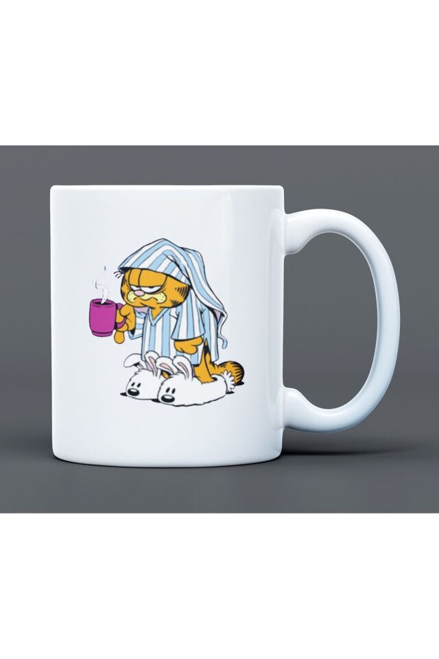 Garfield Uykulu ve Kahve Desenli Hediyelik Büyük Boy Porselen Kupa Bardak