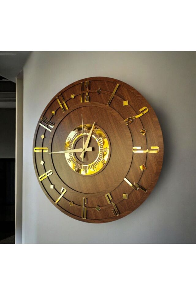 Ceviz Renk Ahşap Gold Sayılı Hediyelik Dekoratif Sessiz Desenli Ev Hediyelik Duvar Saati 50cm