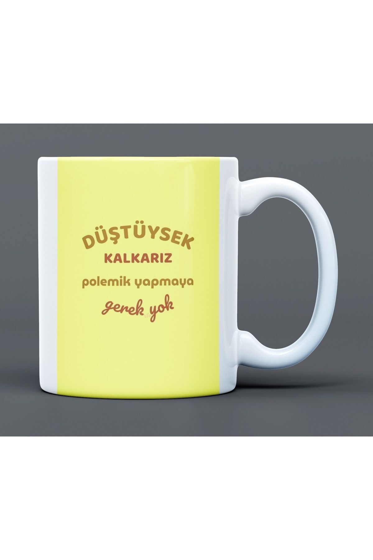 Düştüysek Kalkarız Yazılı Desenli Hediyelik Büyük Boy Porselen Kupa Bardak