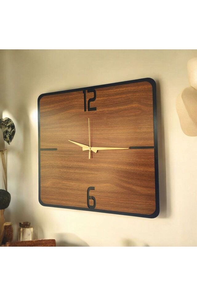 Kare Ahşap Ceviz Siyah Renk Sade Sayılı Hediyelik Sessiz Duvar Saati 50cm