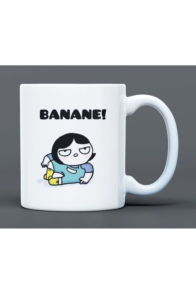 Banane Yazılı Desenli Hediyelik Büyük Boy Porselen Kupa Bardak