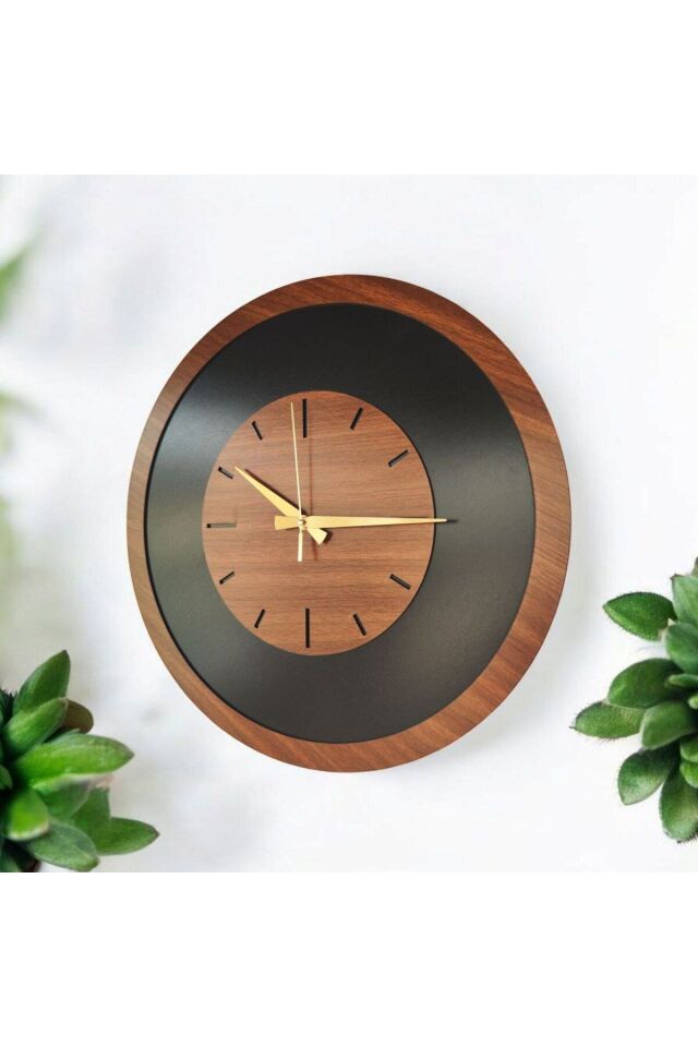 Ahşap Siyah ve Ceviz Renk Sade Sayılı Hediyelik Sessiz Duvar Saati 50cm