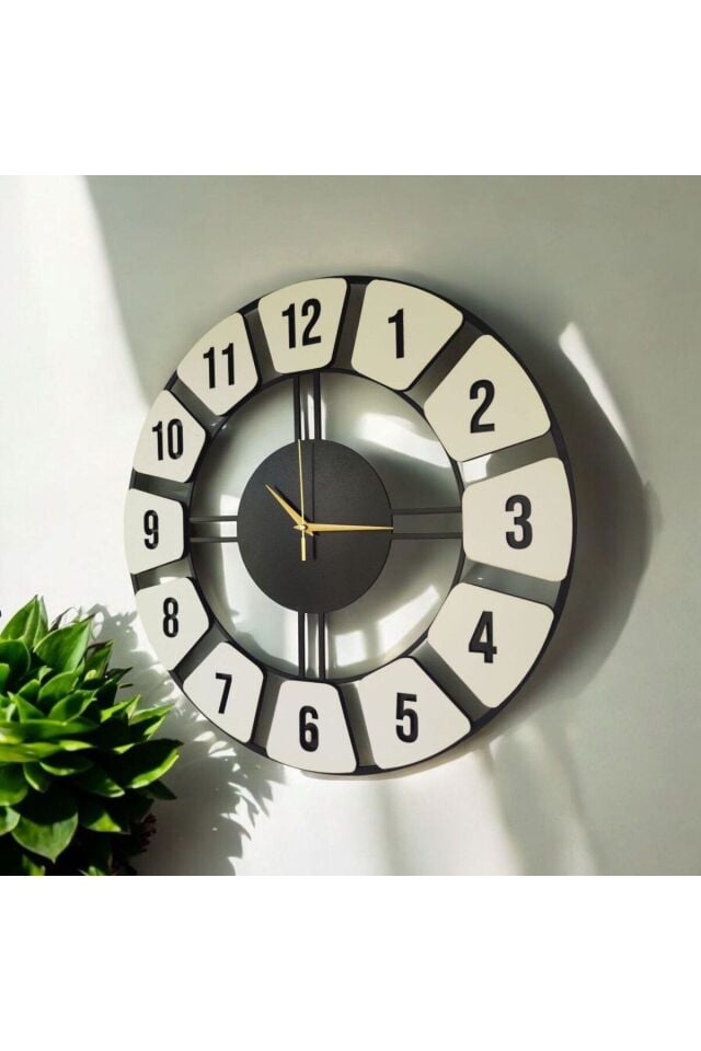 Ahşap Siyah Beyaz Renk Desenli Sayılı Hediyelik Sessiz Duvar Saati 50cm