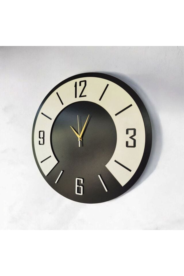 Ahşap Siyah Beyaz Renk Sade Sayılı Hediyelik Sessiz Duvar Saati 50cm