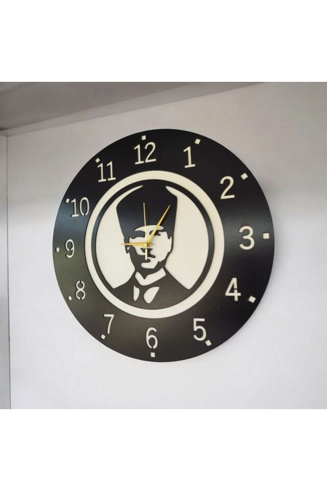 Atatürk Ahşap Siyah Renk Sade Sayılı Hediyelik Sessiz Duvar Saati 50cm