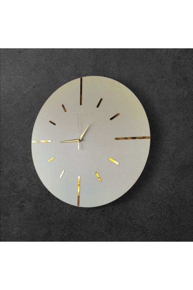 Beyaz Renk Gold Aynalı Sade Sessiz Hediyelik Ahşap Dekoratif Ev Ofis Duvar Saati 50cm