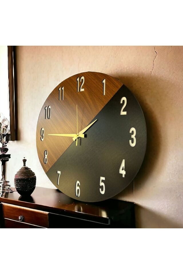 Ahşap Siyah Ceviz Mobilya Renk Desenli Hediyelik Sessiz Duvar Saati 50cm