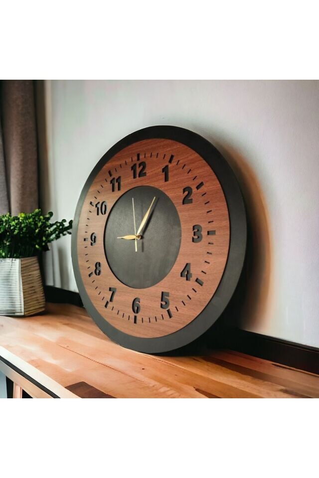 Ahşap Ceviz Mobilya Siyah Renk Sade Sayılı Hediyelik Sessiz Duvar Saati 50cm