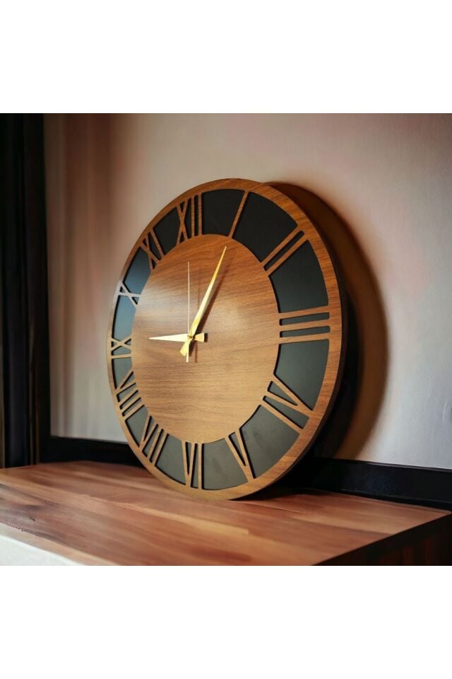 Ahşap Ceviz Mobilya Renk Roma Rakam Desenli Hediyelik Sessiz Duvar Saati 50cm