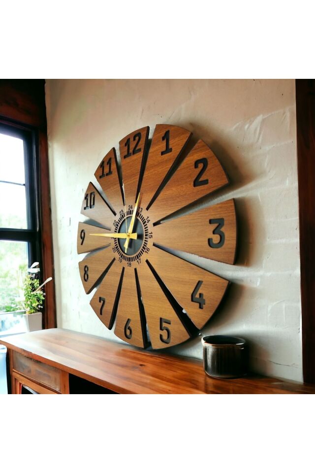 Ahşap Ceviz Mobilya Renk Desenli Hediyelik Sessiz Duvar Saati 50cm