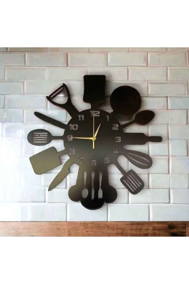 Siyah Hediyelik Ahşap Dekoratif Mutfak Desenli Sessiz Duvar Saati 50cm