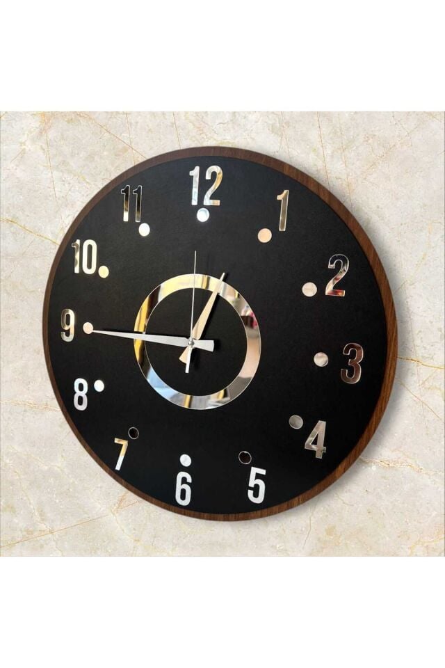 Aynalı Sayılı Sessiz Hediyelik Ahşap Dekoratif Desenli Ev Ofis Duvar Saati 50cm