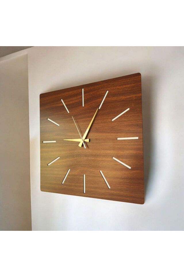 Kare Ahşap Ceviz Sade Sayılı Hediyelik Sessiz Duvar Saati 50cm