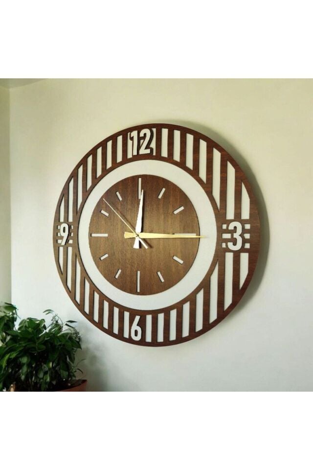 Ceviz Ahşap Desenli Sayılı Hediyelik Sessiz Duvar Saati 50cm
