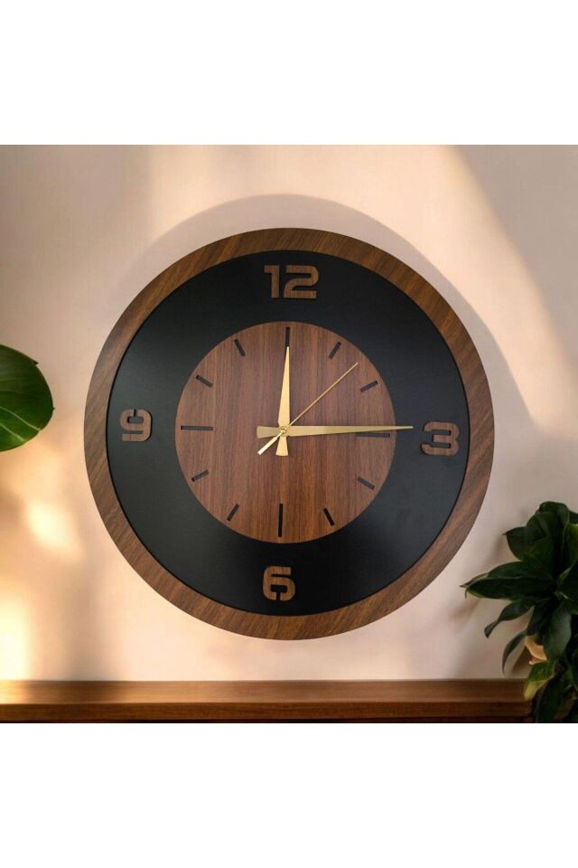 Ahşap Ceviz Siyah Renk Sade Sayılı Hediyelik Sessiz Duvar Saati 50cm