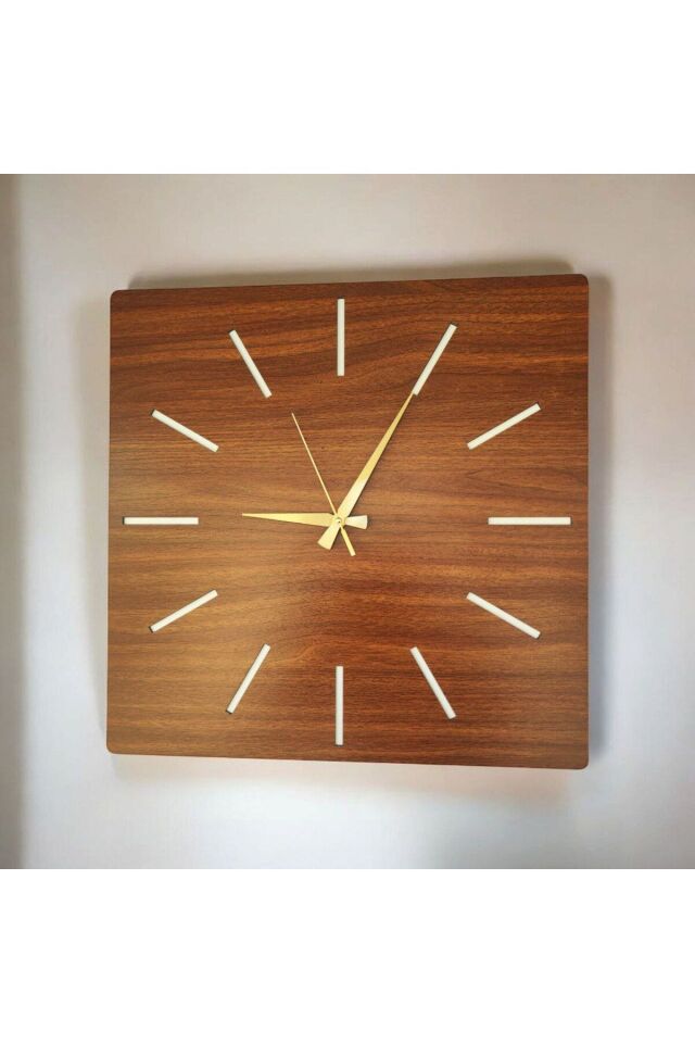 Kare Ahşap Ceviz Renk Sade Sayılı Hediyelik Sessiz Duvar Saati 50cm