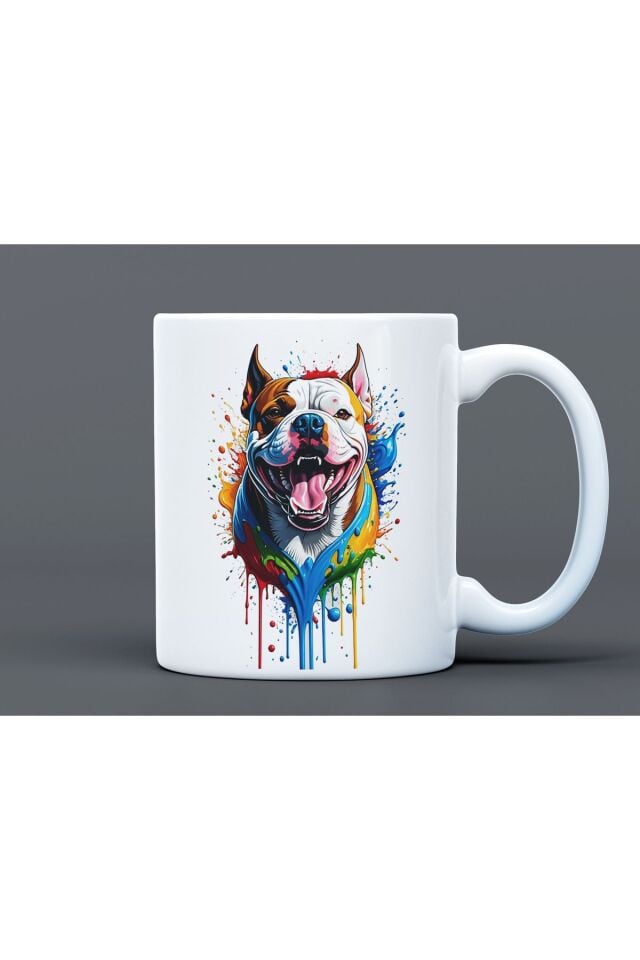 Köpek Hayvan Pitbull Desenli Hediyelik Büyük Boy Porselen Kupa Bardak