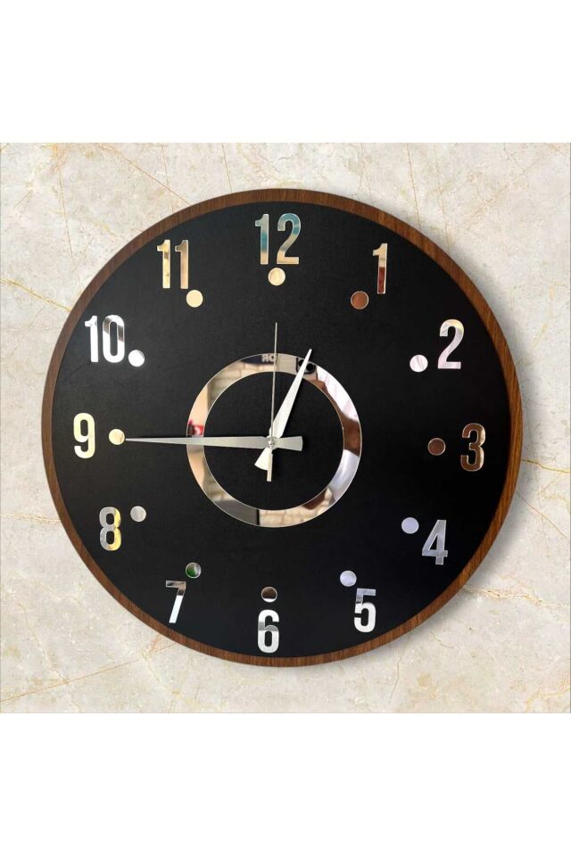 Siyah Renk Gold Gri Aynalı Sayılı Sessiz Hediyelik Ahşapanneler Günü Hediye Duvar Saati 50cm