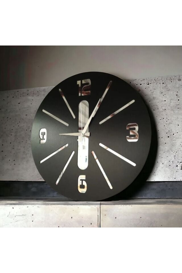 Siyah Renk Hediyelik Ahşap Aynalı Dekoratif Farklı Desenli Duvar Saati 50cm