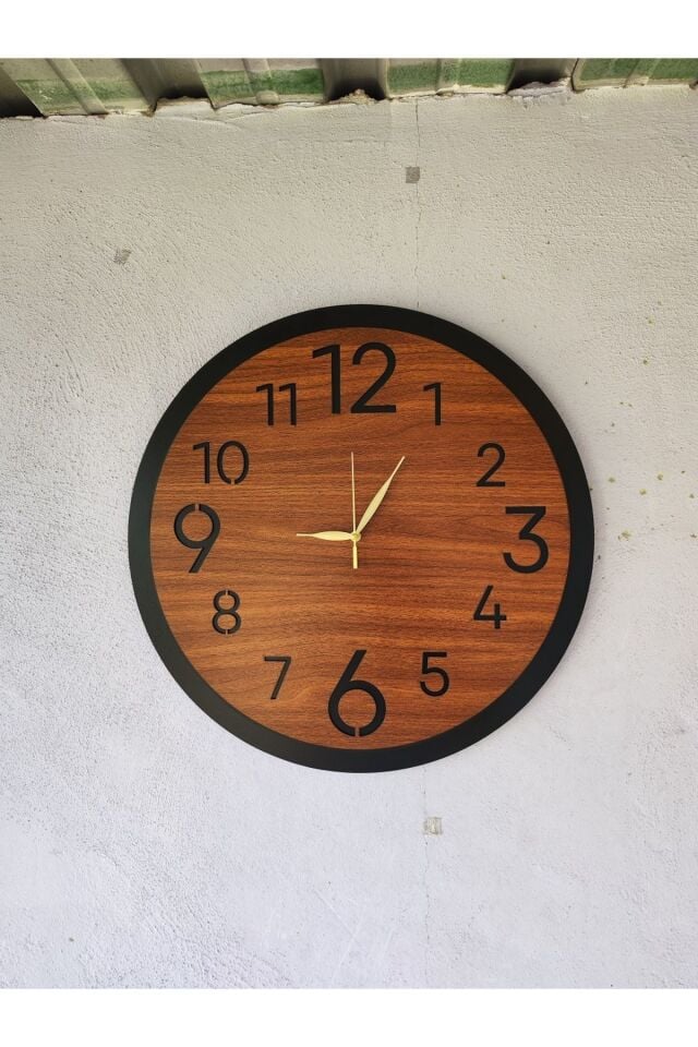 Ahşap Ceviz Mobilya Renk Sade Sayılı Hediyelik Sessiz Duvar Saati 50cm
