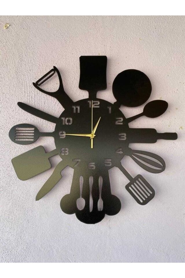 Siyah Hediyelik Ahşap Dekoratif Mutfak Desenli Sessiz Duvar Saati 50cm