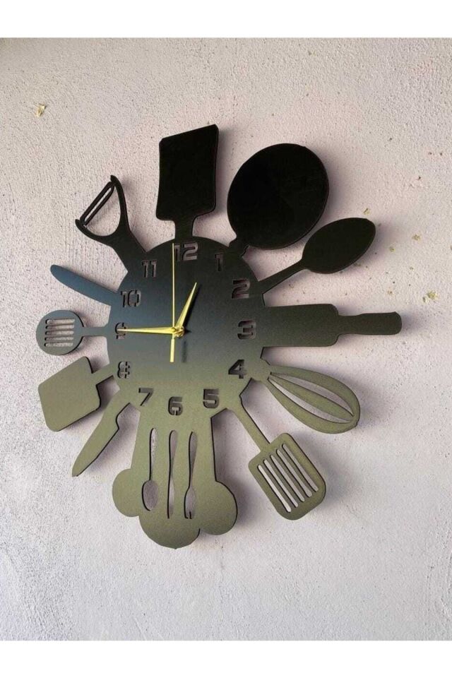Siyah Hediyelik Ahşap Dekoratif Mutfak Desenli Sessiz Duvar Saati 50cm