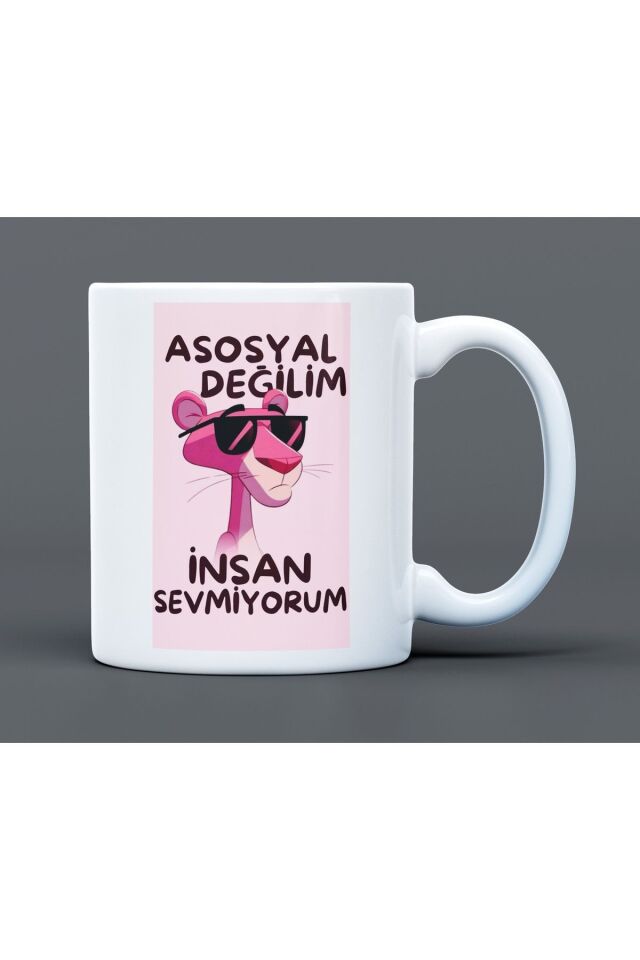 Asosyal Değilim İnsan Sevmiyorum Yazılı Desenli Hediyelik Büyük Boy Porselen Kupa Bardak