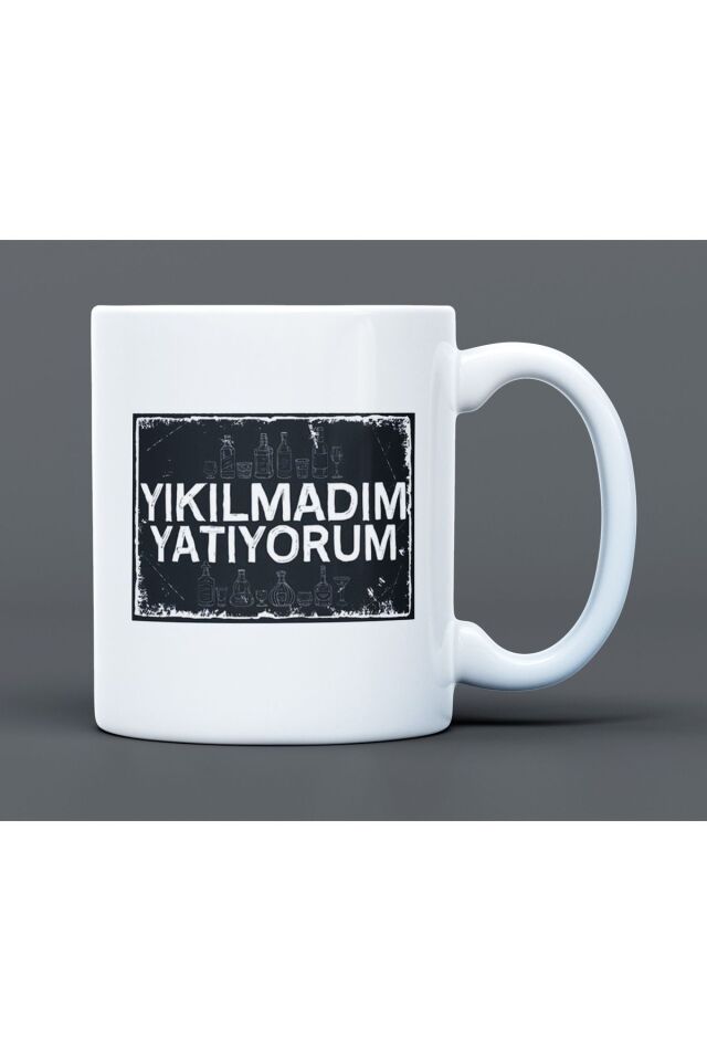Yıkılmadım Yatıyorum Yazılı Desenli Hediyelik Büyük Boy Porselen Kupa Bardak