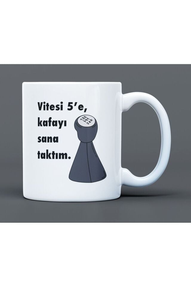 Vitesi 5'e Kafayı Sana Taktım Yazılı Desenli Hediyelik Büyük Boy Porselen Kupa Bardak