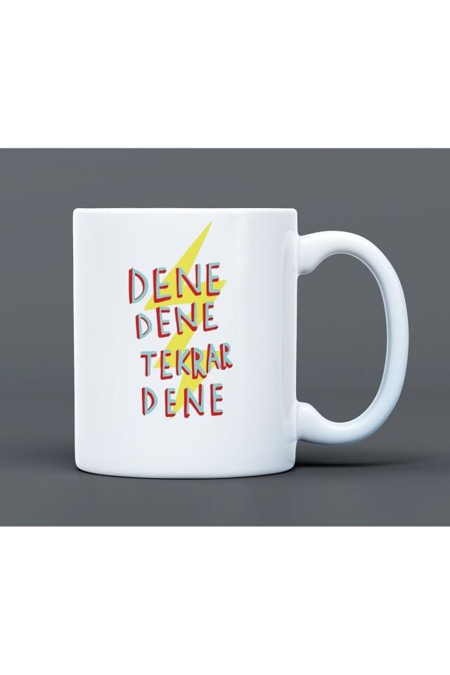 Dene Dene Tekrar Dene Yazılı Desenli Hediyelik Büyük Boy Porselen Kupa Bardak