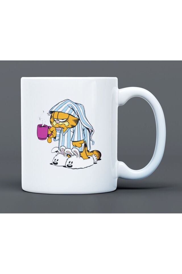 Garfield Uykulu ve Kahve Desenli Hediyelik Büyük Boy Porselen Kupa Bardak