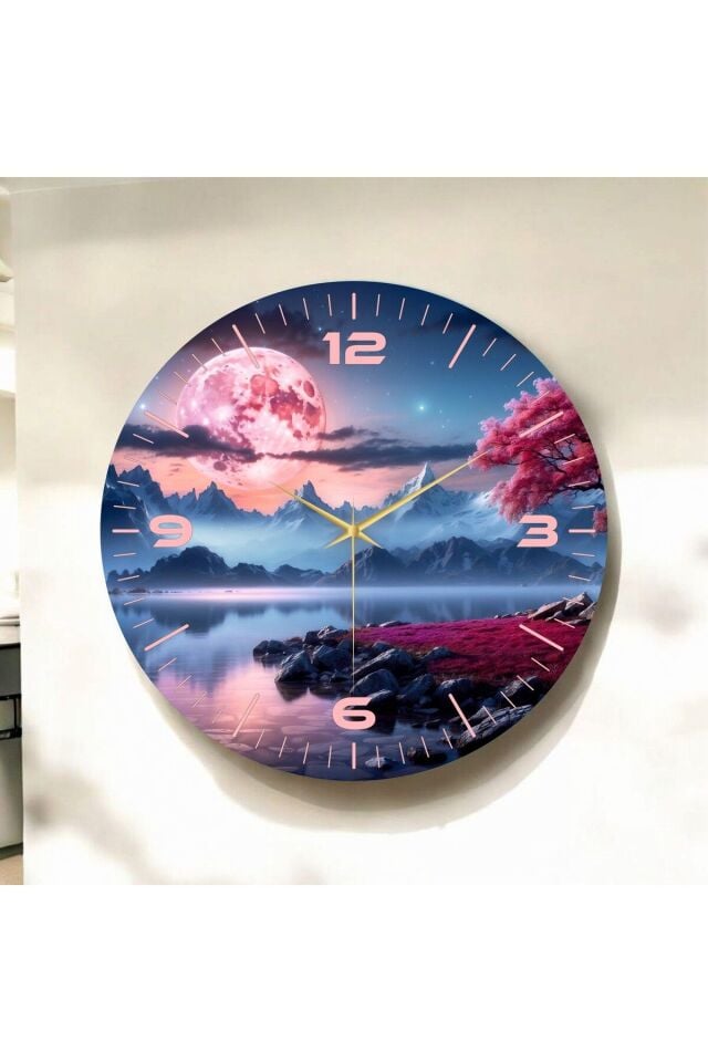 Renkli Baskı Doğa Desenli Sayılı Hediyelik Ahşap Sessiz Duvar Saati 50cm