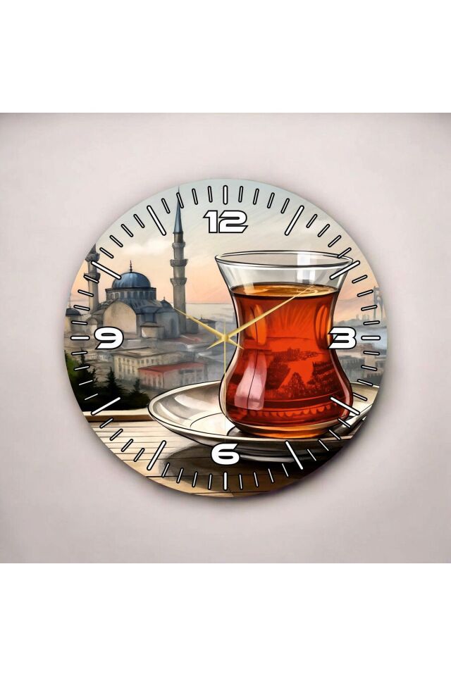 Renkli Baskı Çay İstanbul Desenli Sayılı Hediyelik Ahşap Sessiz Duvar Saati 50cm