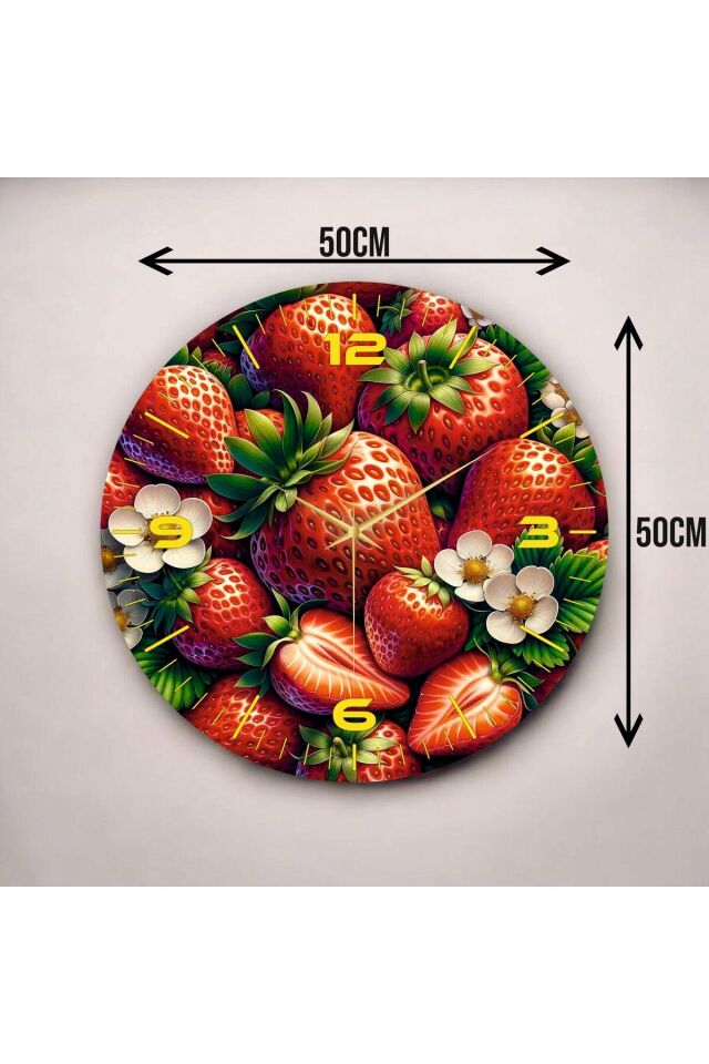 Renkli Baskı Çilek Meyve Desenli Sayılı Hediyelik Ahşap Sessiz Duvar Saati 50cm