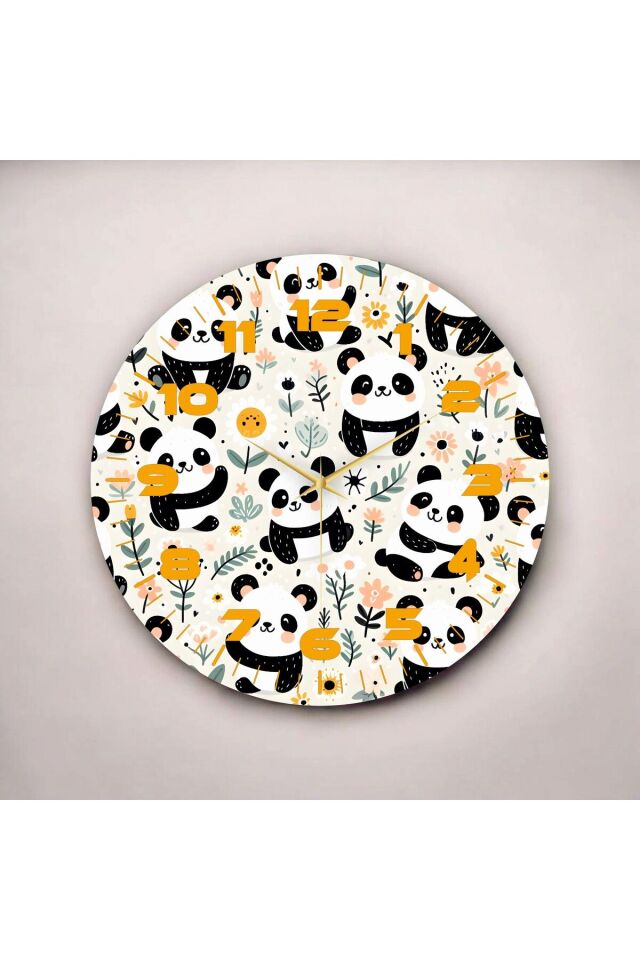 Renkli Baskı Panda Çocuk Desenli Sayılı Hediyelik Ahşap Sessiz Duvar Saati 50cm