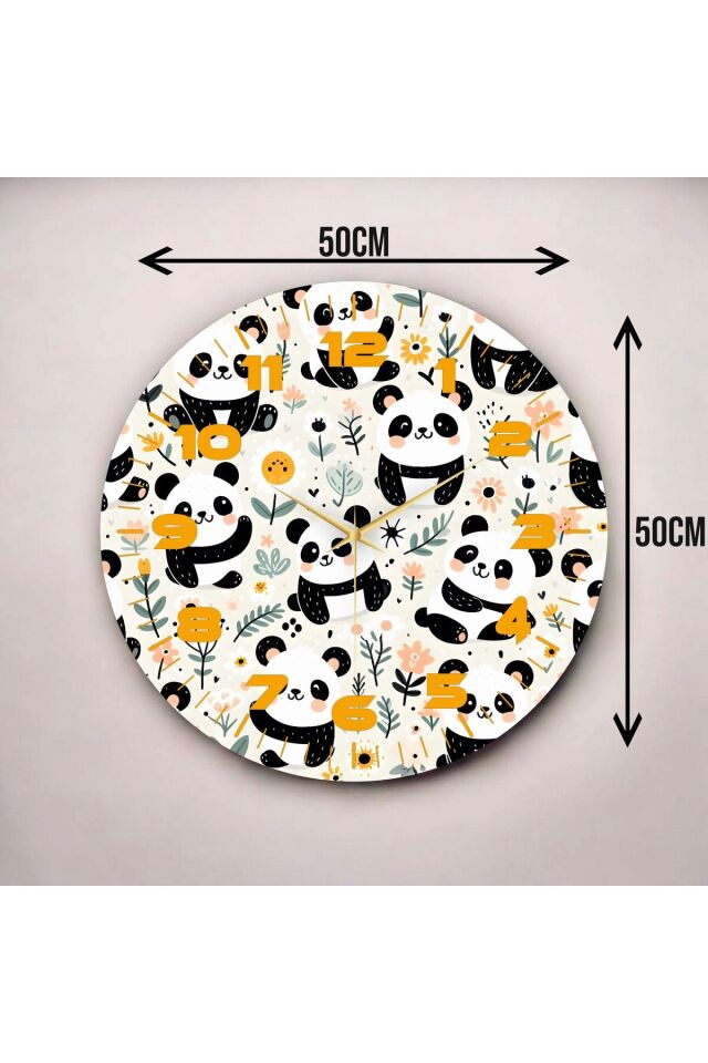 Renkli Baskı Panda Çocuk Desenli Sayılı Hediyelik Ahşap Sessiz Duvar Saati 50cm