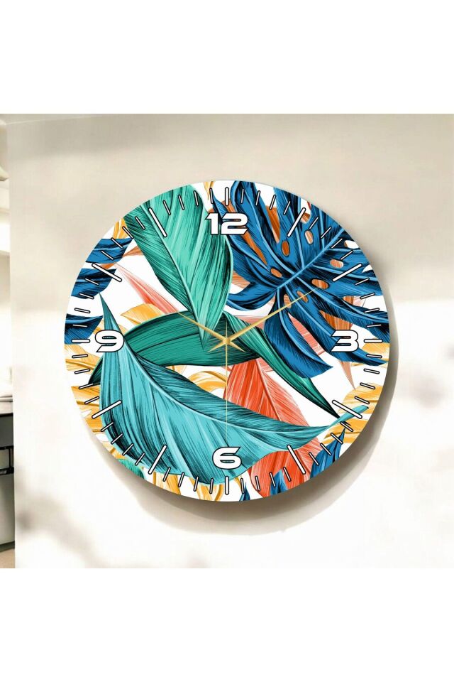 Renkli Baskı Yaprak Çiçek Desenli Sayılı Hediyelik Ahşap Sessiz Duvar Saati 50cm