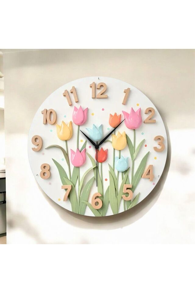 Renkli Baskı Çiçek Desenli Sayılı Hediyelik Ahşap Sessiz Duvar Saati 50cm