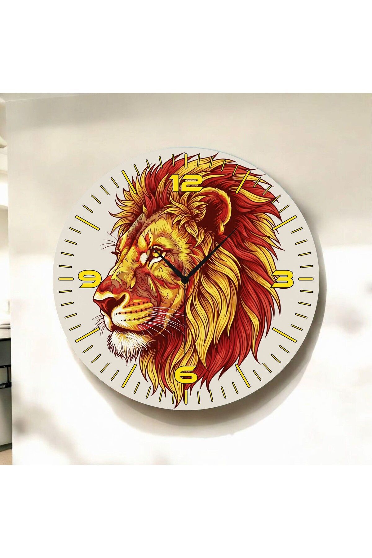 Renkli Baskı Aslan Hayvan Desenli Sayılı Hediyelik Ahşap Sessiz Duvar Saati 50cm