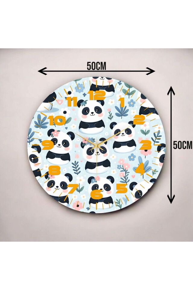 Renkli Baskı Panda Çocuk Desenli Sayılı Hediyelik Ahşap Sessiz Duvar Saati 50cm