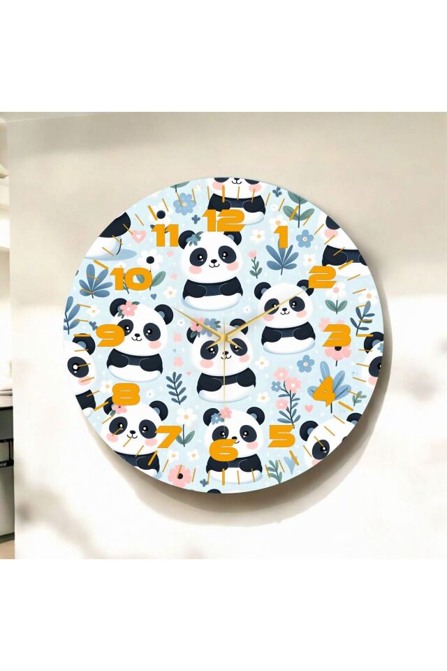 Renkli Baskı Panda Çocuk Desenli Sayılı Hediyelik Ahşap Sessiz Duvar Saati 50cm