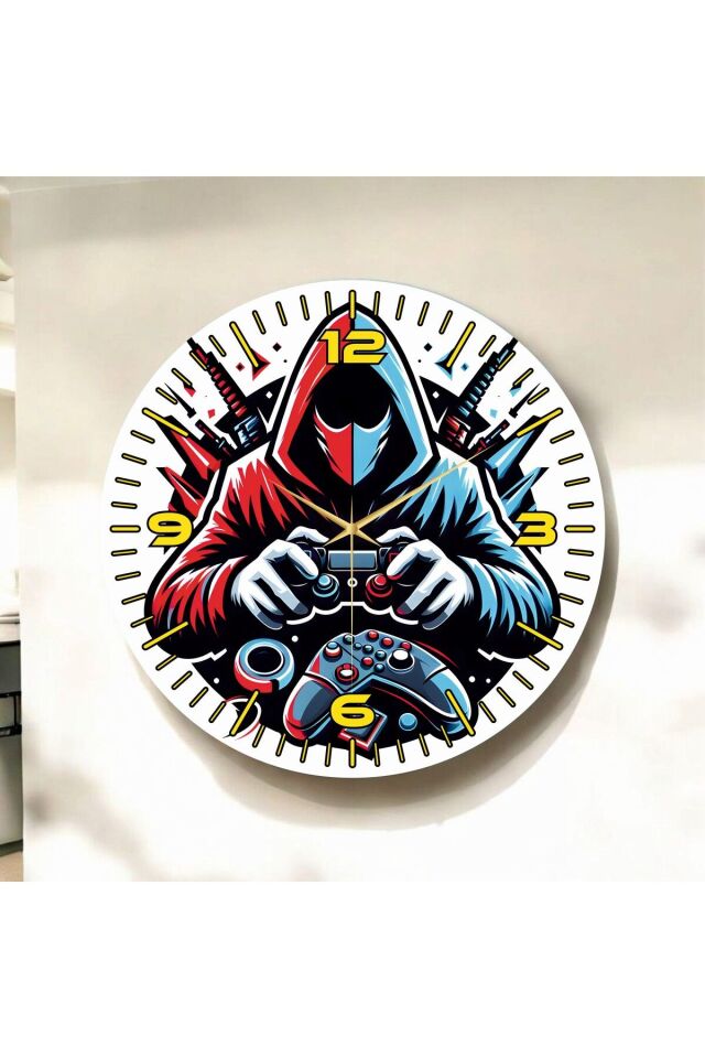 Renkli Baskı Gamer Oyuncu Desenli Sayılı Hediyelik Ahşap Sessiz Duvar Saati 50cm