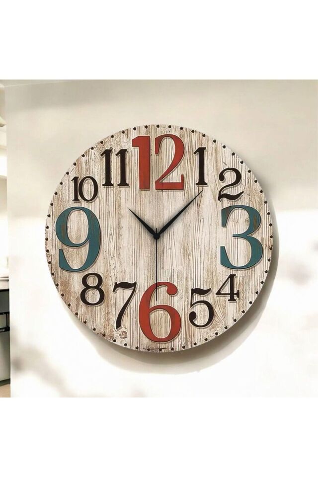 Renkli Baskı Desenli Sayılı Hediyelik Ahşap Sessiz Duvar Saati 50cm