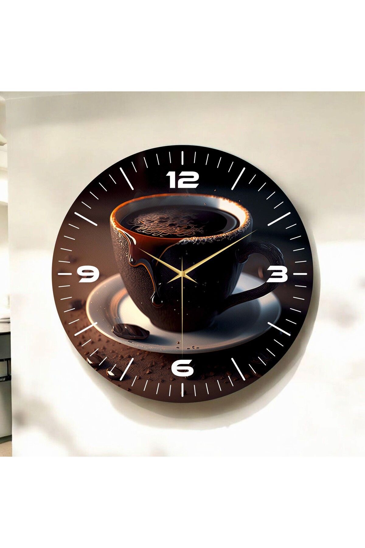 Renkli Baskı Kahve Desenli Sayılı Hediyelik Ahşap Sessiz Duvar Saati 50cm