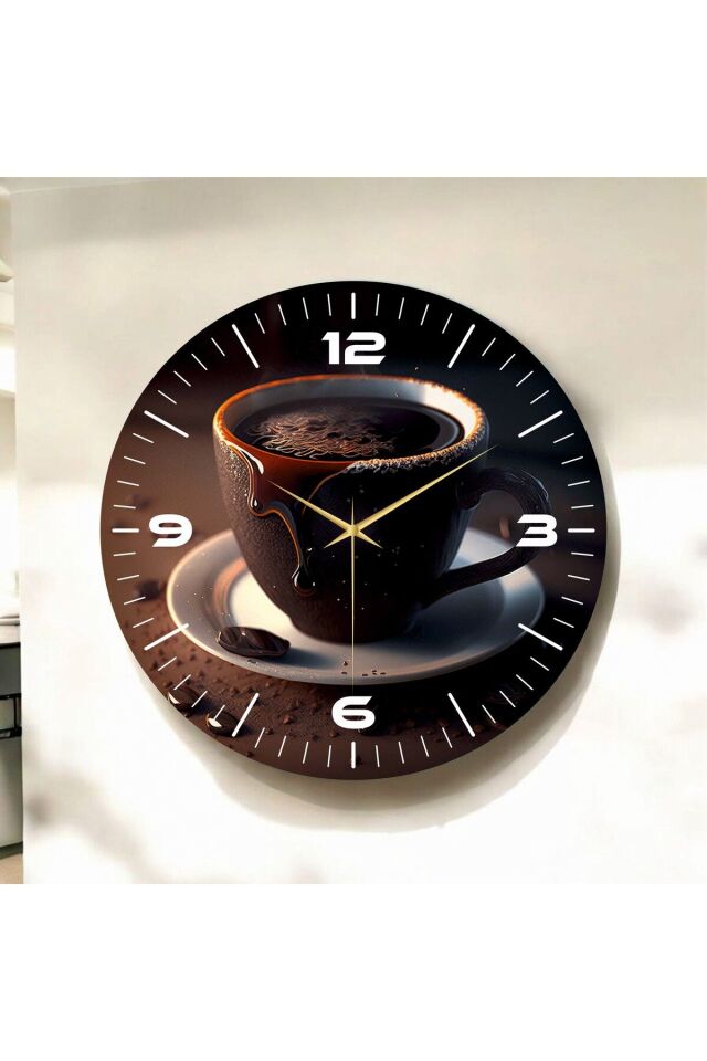 Renkli Baskı Kahve Desenli Sayılı Hediyelik Ahşap Sessiz Duvar Saati 50cm