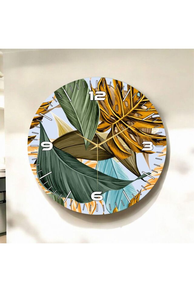 Renkli Baskı Yaprak Çiçek Desenli Sayılı Hediyelik Ahşap Sessiz Duvar Saati 50cm