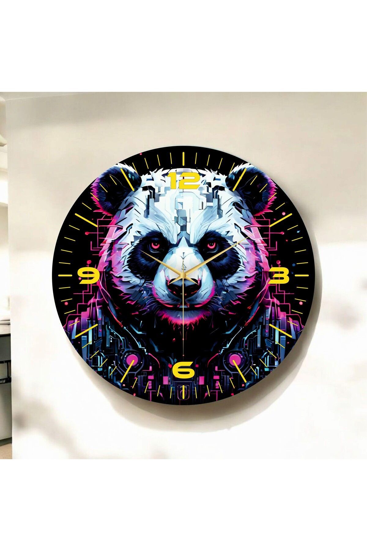 Renkli Baskı Panda Gamer Desenli Sayılı Hediyelik Ahşap Sessiz Duvar Saati 50cm