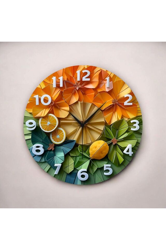 Renkli Baskı Meyve Sebze Desenli Sayılı Hediyelik Ahşap Sessiz Duvar Saati 50cm