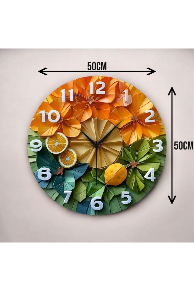 Renkli Baskı Meyve Sebze Desenli Sayılı Hediyelik Ahşap Sessiz Duvar Saati 50cm